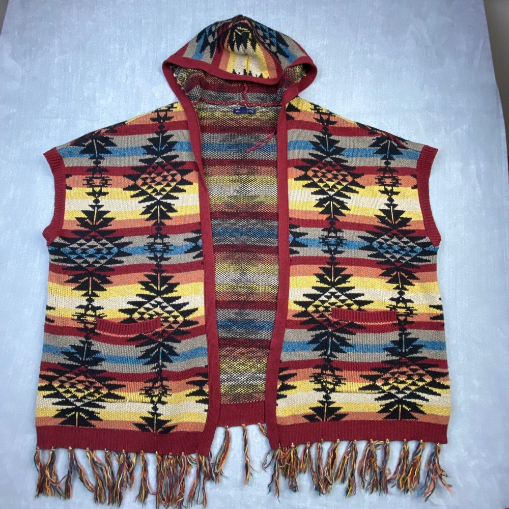 American Eagle‎ Outfitters Southwestern Hooded Fringe Vest Cardigan Red Multi M